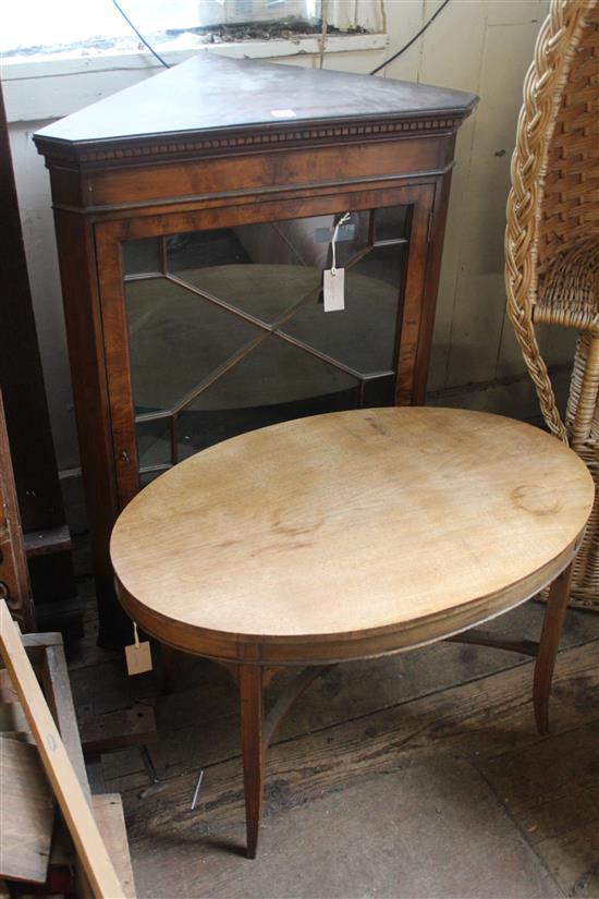 Oval low table & a mahogany glazed hanging corner cupboard